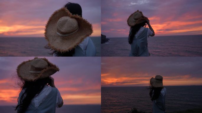 海边看海 海风 美女背影 唯美大海 日落