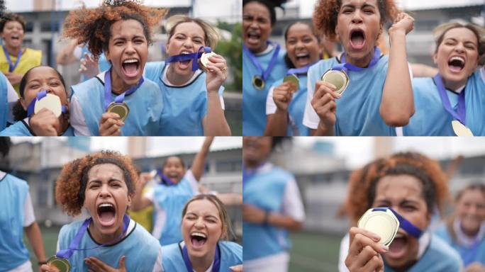 女足球运动员庆祝赢得奖牌