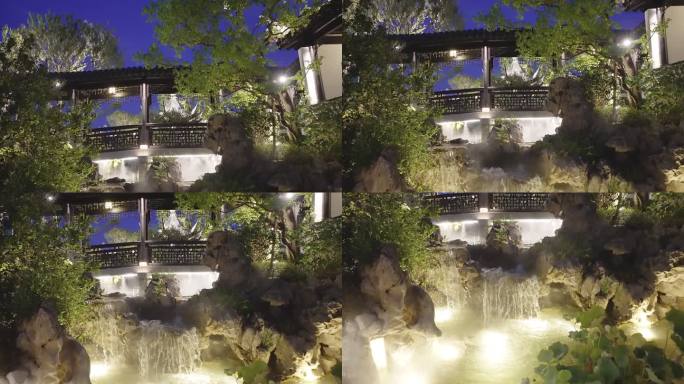 夜晚中式合院江南园林别墅院子景观水景