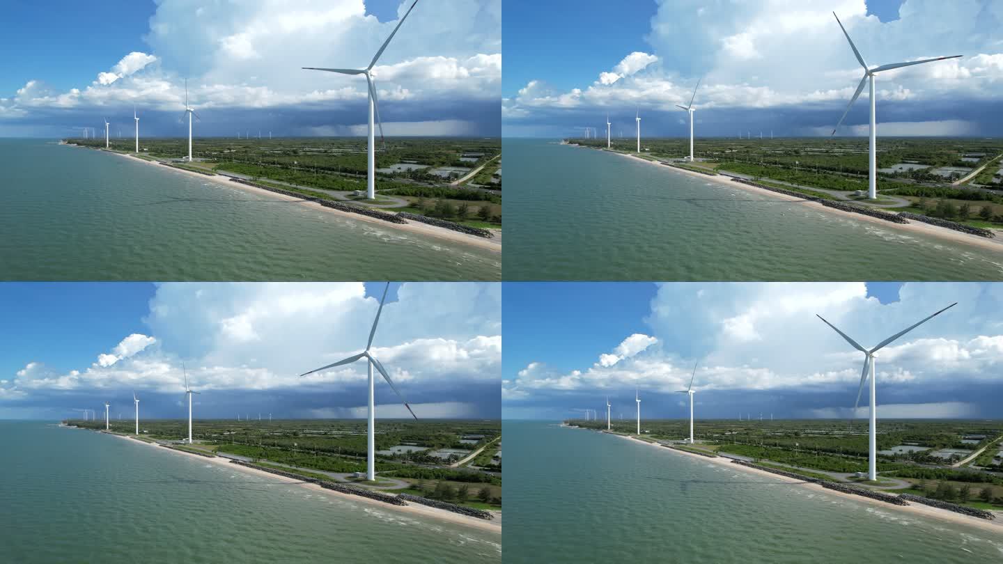 沿海风力涡轮机农场的鸟瞰无人机，这是一种可持续能源，可再生能源，比化石燃料污染更便宜、更清洁，有助于