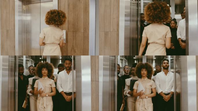 一名女商人与同事一起进入电梯的4k视频片段