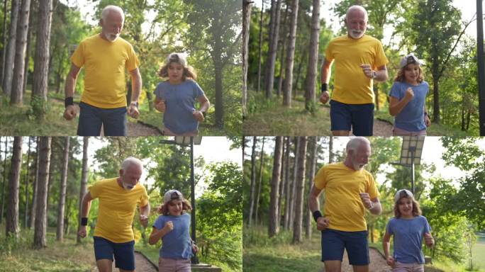 在森林里，爷爷和孙子，慢跑，在娱乐活动中建立联系