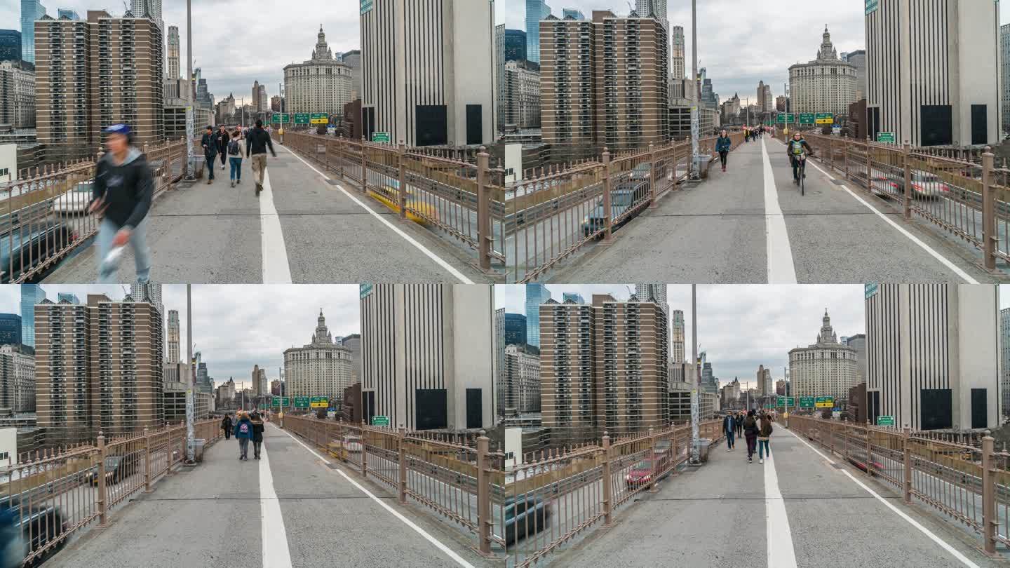 美国纽约布鲁克林大桥上步行的人群