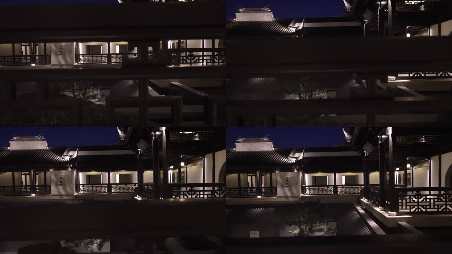 夜晚中式合院江南园林别墅院子景观