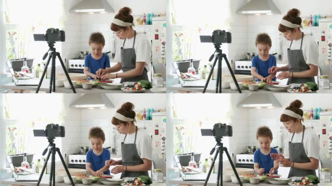 在虚拟烹饪课活动中，母亲和儿子一起制作temaki寿司卷
