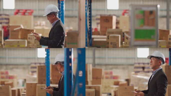 亚洲华人管理人员带着白色安全帽，使用数字平板电脑在仓库行走和检查