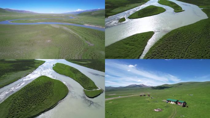 【4K航拍】草原蜿蜒河流湿地牧场房子