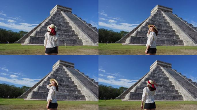 墨西哥奇琴伊察金字塔背景下的女人