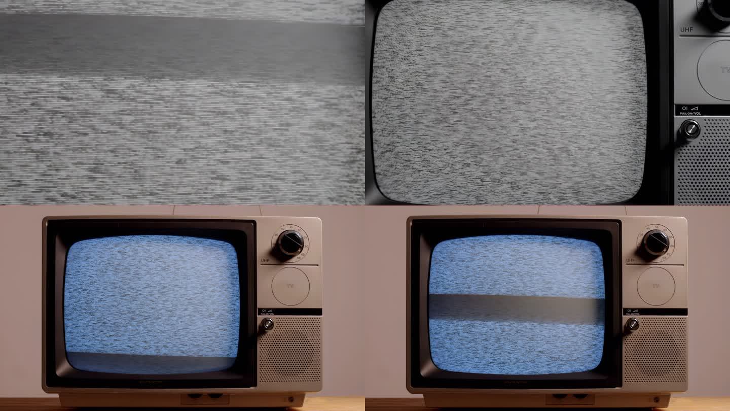 1970年代的典型便携式电视，屏幕上有干扰。彩色。