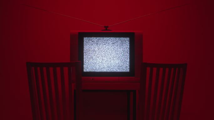 框架中间有一台电视机，前面有两把椅子，颜色为深红色，带有渐变