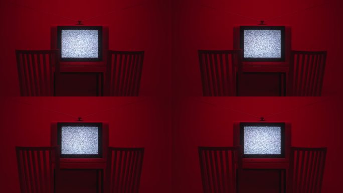 框架中间有一台电视机，前面有两把椅子，颜色为深红色，带有渐变