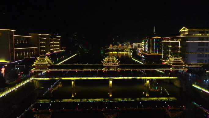 少数民族侗族风雨桥夜景航拍