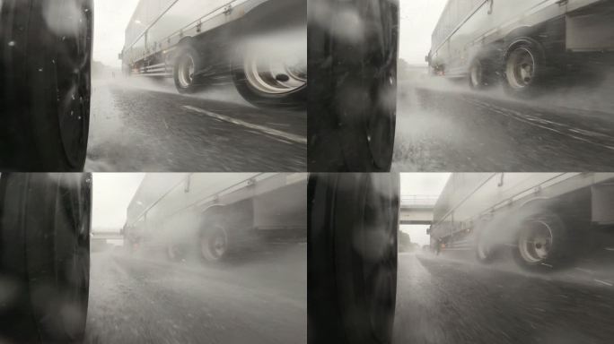 在大雨中，一辆半卡车在公路上超过了我。慢动作