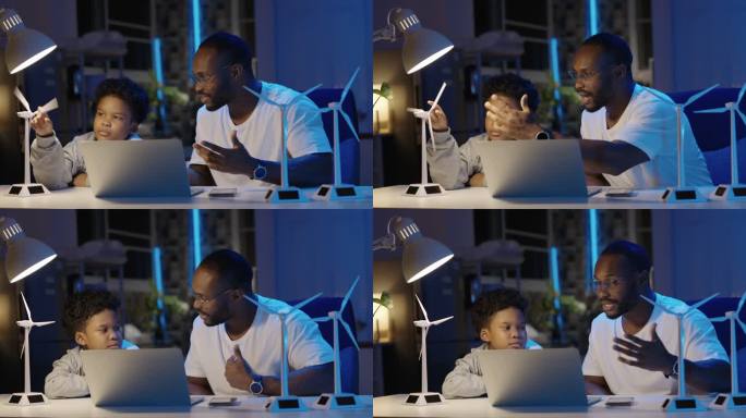 一个非洲父亲的家庭，带着9岁的小男孩，一起在家里教生态学，一起讨论解释替代能源以及笔记本电脑和模型涡