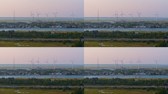 日落时的风电场。美国新泽西州大西洋城。静态相机鸟瞰图。