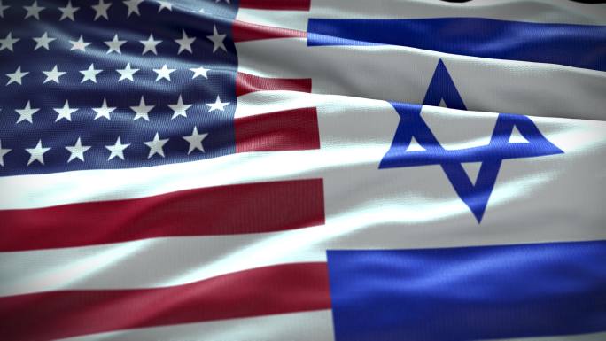 美国和以色列国旗，美国以色列，华盛顿特区，Jaruselam，背景，全帧，特写，慢动作，平滑挥动