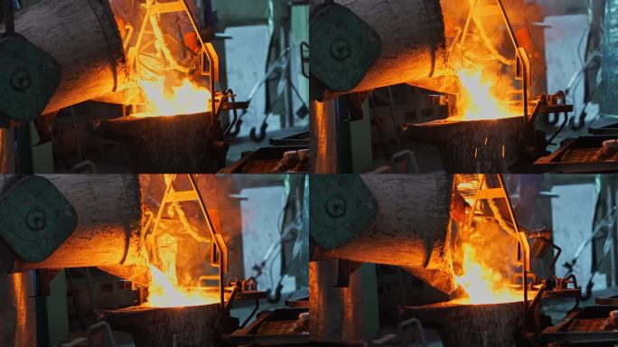 熔融金属熔化，操作员努力工作，将熔融金属从熔炉中取出到钢包中，然后倒入铸造厂