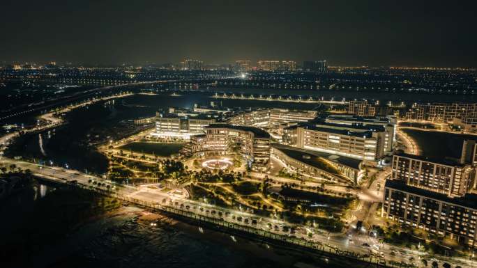 航拍香港科技大学（广州）南沙夜景延时