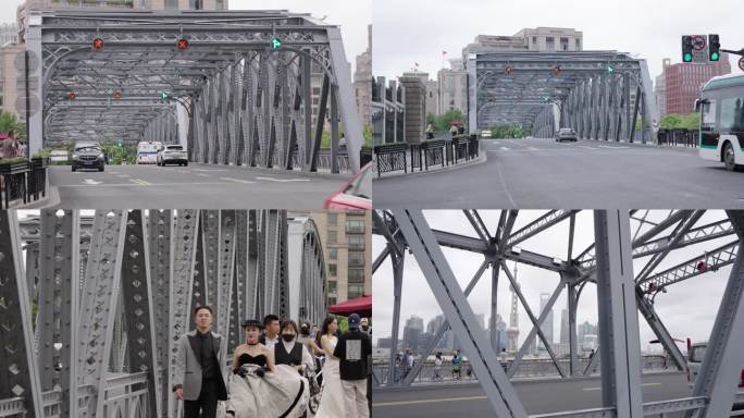 上海外白渡桥的车流与行人
