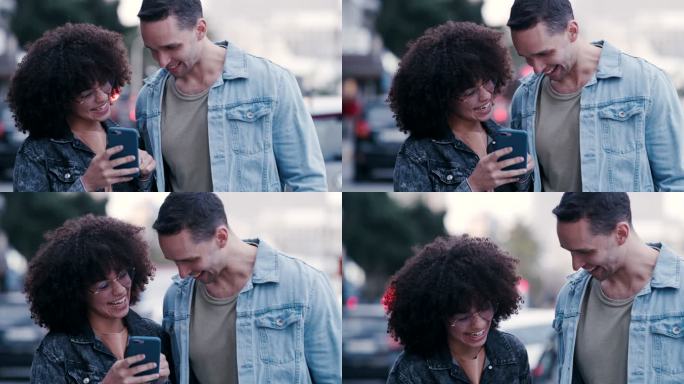 一对年轻夫妇在城市外出时用手机看东西的4k视频片段