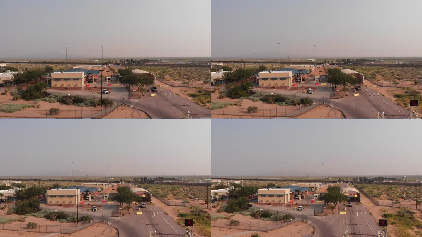 美国海关和边境保护局、新墨西哥州圣特蕾莎、墨西哥入境港和国际边境墙的空中无人机视图