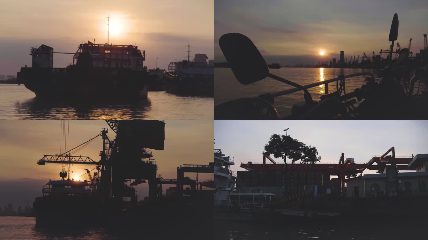 夕阳下的码头港口轮渡