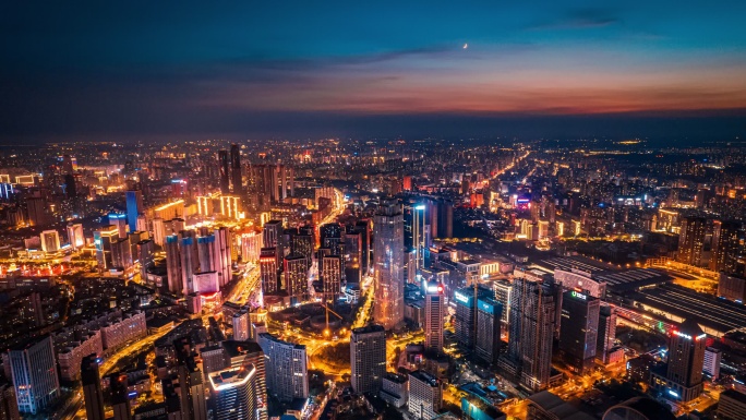 辽宁沈阳城市风景夜航市中心航拍延时摄影