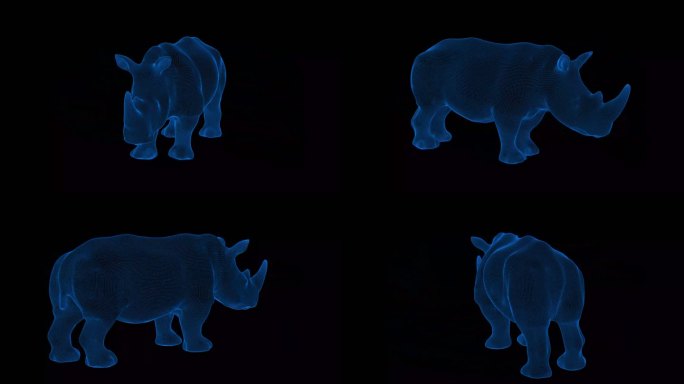 4K蓝色全息科技线框动物 犀牛素材带通道