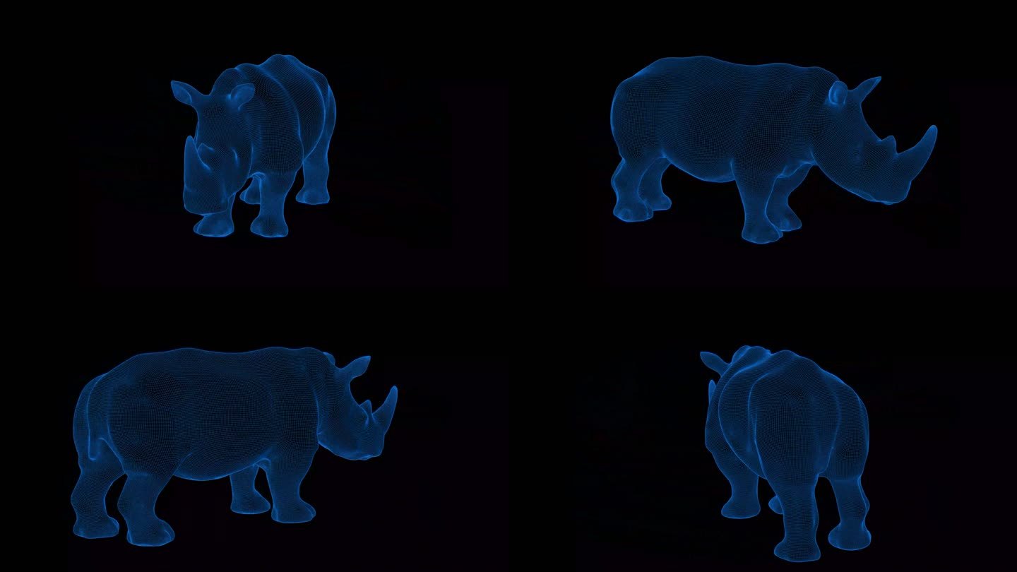 4K蓝色全息科技线框动物 犀牛素材带通道