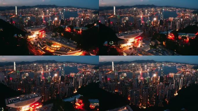 香港城市全景顶视图。摩天大楼的无人机足迹