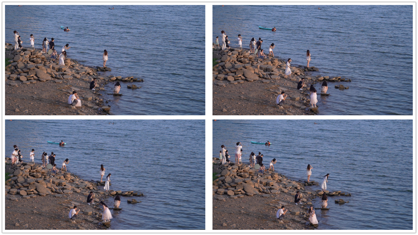 年轻的人们在水边拍照