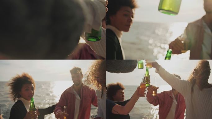 SLO-MO：一群朋友在日落时分在船上举行聚会时，拿着啤酒举杯祝酒