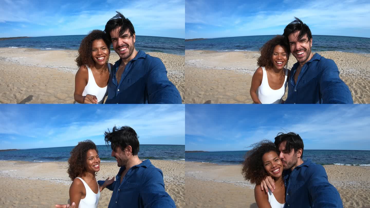 4K视频夫妇使用智能手机，并从海滩上制作视频日志