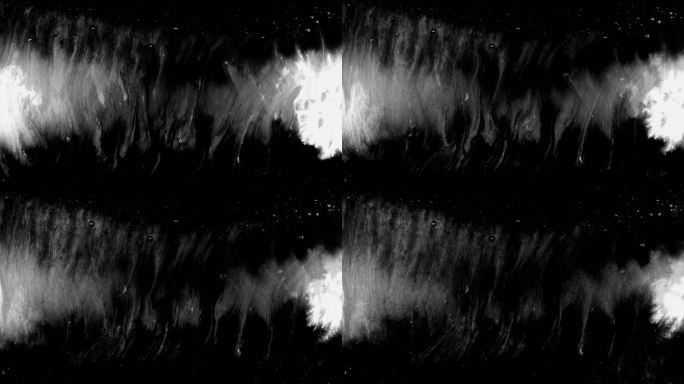 墨水喷溅：抽象覆盖了屏幕上的污浊和薄膜纹理，黑色油漆条纹，罗夏效应
