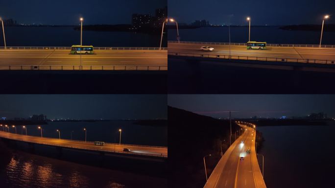 武汉严西湖大桥夜景跟拍行驶在桥上的公交车