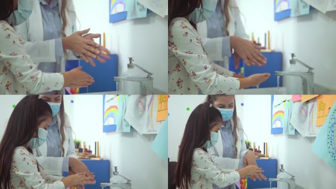 戴口罩的医生教小女孩洗手