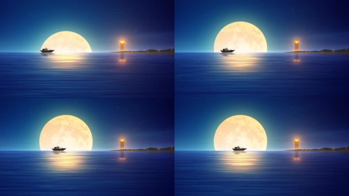 海面灯塔月亮升起