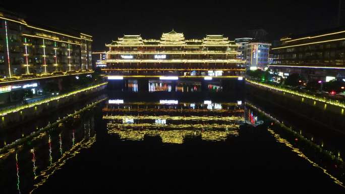 城市航拍湖南通道廊桥夜景 (1)