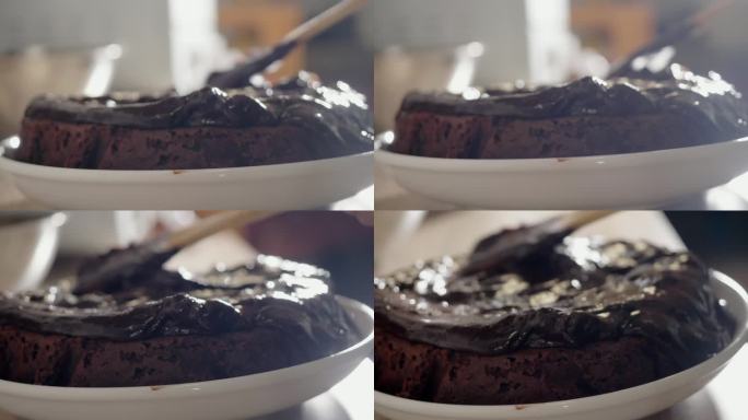 自制蛋糕上掉落的巧克力糖，慢动作。