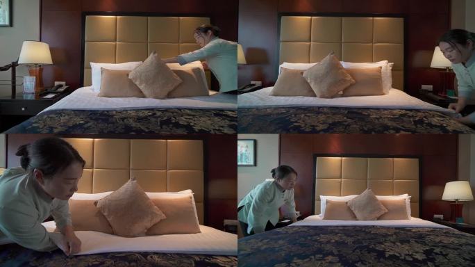 酒店客房铺床叠床打扫布草