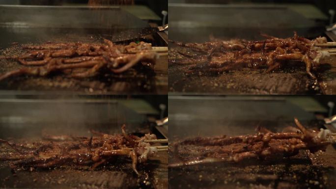 电烤炉和铁板烧各种食材，鱿鱼羊肉串青椒
