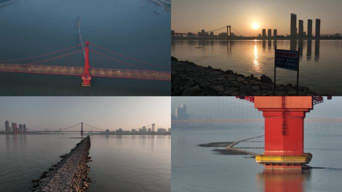 武汉鹦鹉洲长江大桥旁的江中之路顺坝航拍