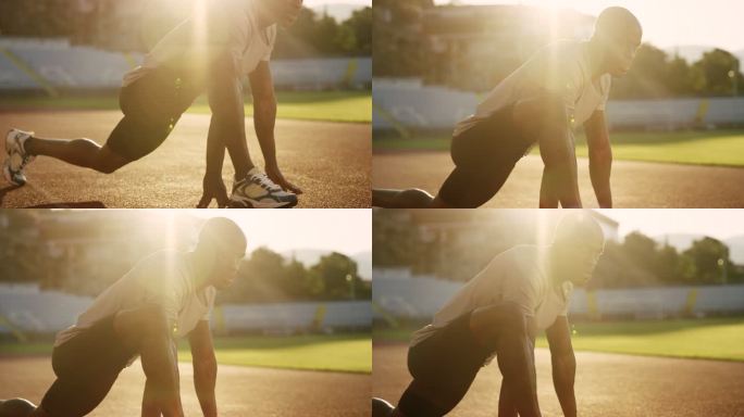SLO MO，一名非洲裔美国人，在夕阳下的跑道上，在体育场里伸展身体