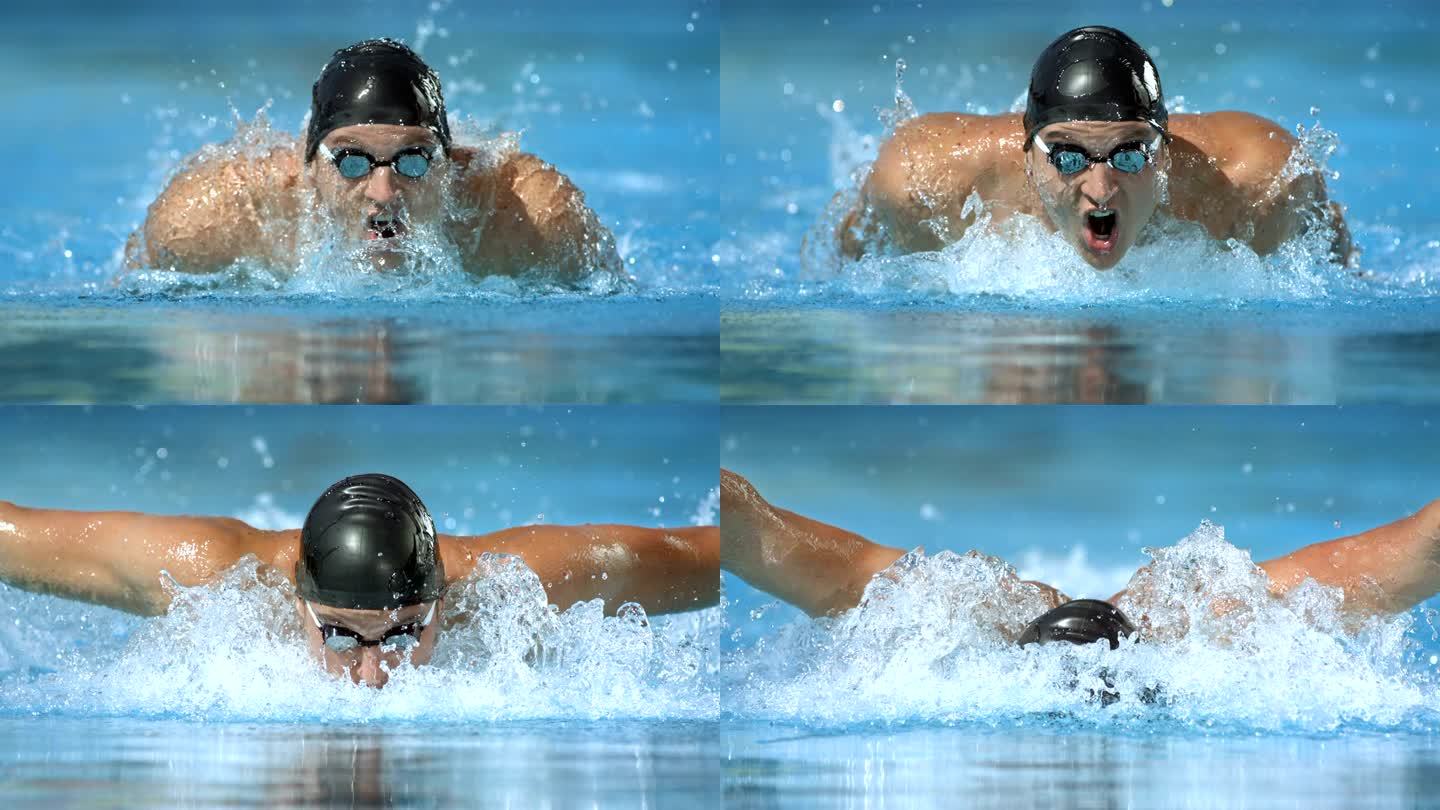 HD超级慢动作：游泳运动员训练蝶泳