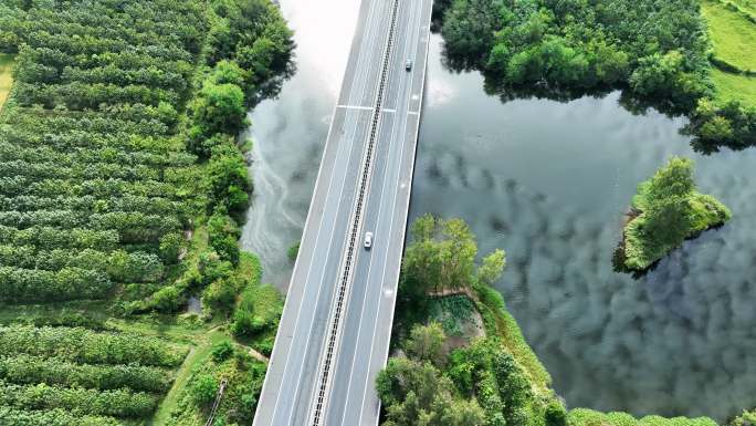 4K高速公路穿过村庄稻田航拍