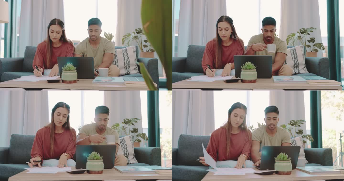 一对年轻夫妇坐在一起用笔记本电脑计算财务的4k视频片段