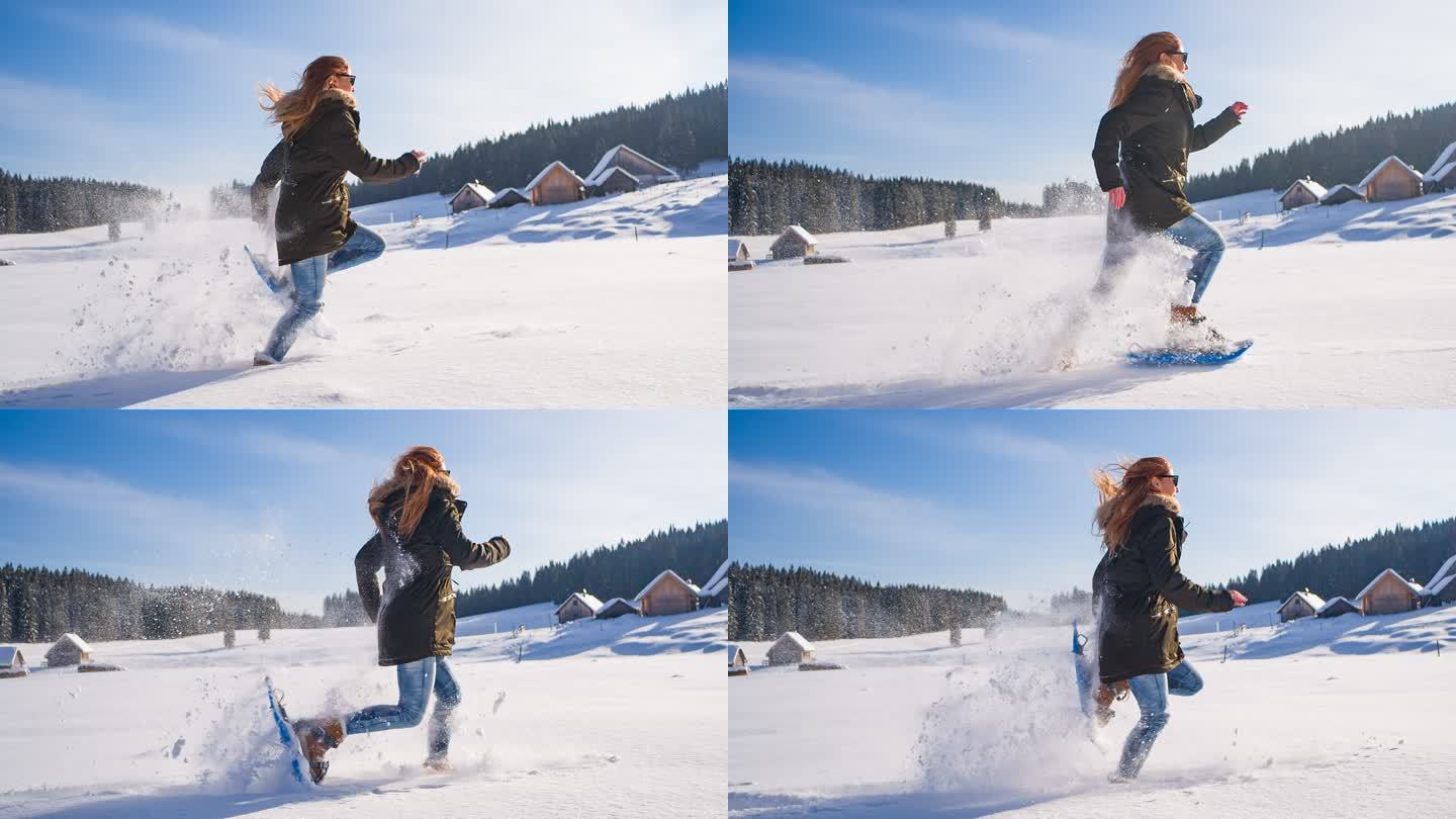 在刚刚落下的粉雪上跑步，脚上绑着雪鞋，背景是如画的风景