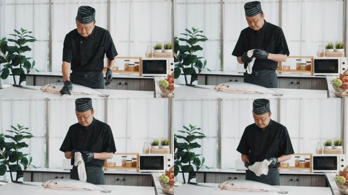 日本厨师清洗寿司和生鱼片用的三文鱼