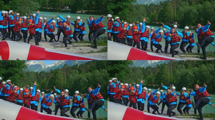 一群人在漂流旅行前摆姿势拍照