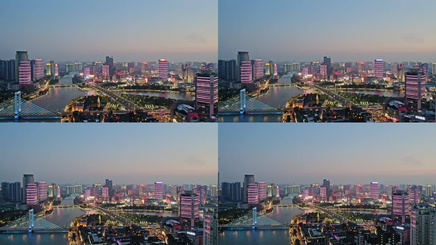 宁波CBD金融区建筑夜景江河大桥繁荣景象